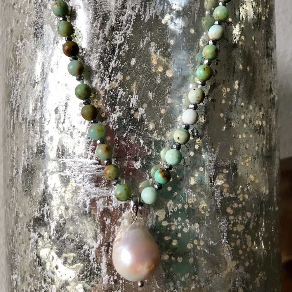 Natural Gemstone Beaded Necklace with Pearl Pendant | Sterling Silver - Picture 2 of 3
